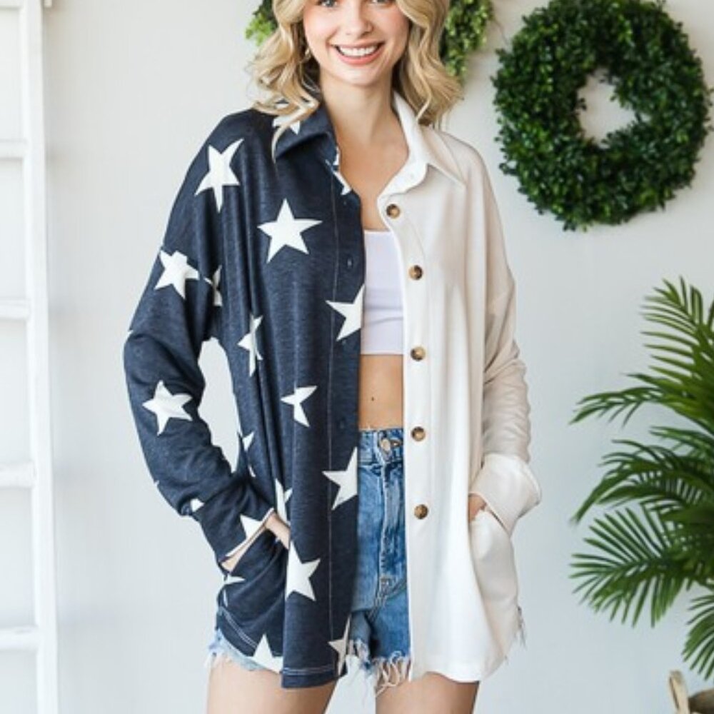 7th Ray Patriotic Blue and White Stars Shacket / Shirt / Cover - Made in the USA